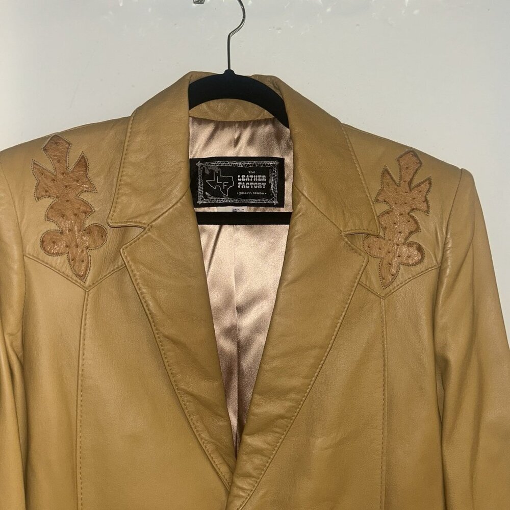 Vintage The Leather Factory Pharr Texas Embroidered Tan Leather Jacket Size 44 - Picture 3 of 12